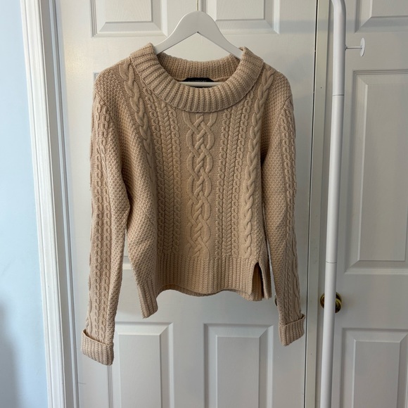 French Connection Cable Knit Cowl Neck Light Beige Sweater Wool Blend - Picture 3 of 11